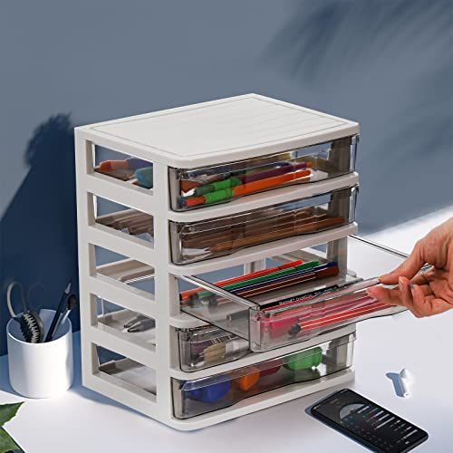 DEAYOU 5 Drawer Desktop Storage Bin Unit, Small Plastic Organizer, White Frame with Clear Drawer, Mini Container Case for Desk, Storing Craft, Accessory, Stationery