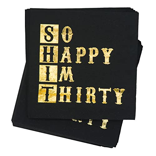 So Happy Im Thirty Napkins, 30th Birthday Napkins, Black Gold 30th Birthday Cocktail Napkins, Men Women 30th Birthday Party Decorations, Cheers to 30 Years, 30 Fabulous Party Decor (5 x 5 In,50-Pack)