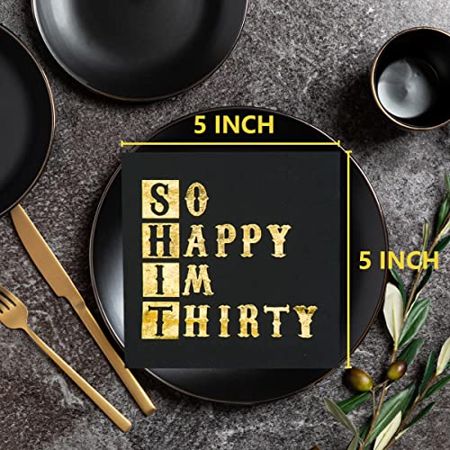 So Happy Im Thirty Napkins, 30th Birthday Napkins, Black Gold 30th Birthday Cocktail Napkins, Men Women 30th Birthday Party Decorations, Cheers to 30 Years, 30 Fabulous Party Decor (5 x 5 In,50-Pack)