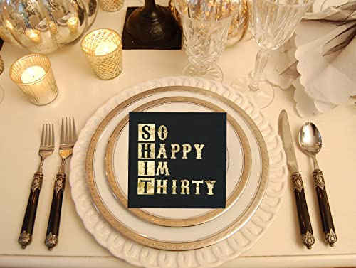 So Happy Im Thirty Napkins, 30th Birthday Napkins, Black Gold 30th Birthday Cocktail Napkins, Men Women 30th Birthday Party Decorations, Cheers to 30 Years, 30 Fabulous Party Decor (5 x 5 In,50-Pack)