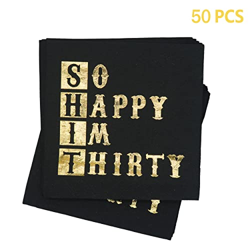 So Happy Im Thirty Napkins, 30th Birthday Napkins, Black Gold 30th Birthday Cocktail Napkins, Men Women 30th Birthday Party Decorations, Cheers to 30 Years, 30 Fabulous Party Decor (5 x 5 In,50-Pack)