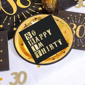 So Happy Im Thirty Napkins, 30th Birthday Napkins, Black Gold 30th Birthday Cocktail Napkins, Men Women 30th Birthday Party Decorations, Cheers to 30 Years, 30 Fabulous Party Decor (5 x 5 In,50-Pack)