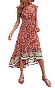 prettygarden long dress for women cap sleeves v neck summer floral beach maxi dresses red