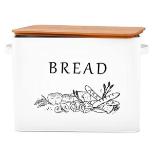 e-far bread box for kitchen countertop, metal bread storage container bin with bamboo lid for cutting bread, extra large & farmhouse style, 13” x 7.2” x9.8”, white