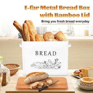 E-far Bread Box for Kitchen Countertop, Metal Bread Storage Container Bin with Bamboo Lid for Cutting Bread, Extra Large & Farmhouse Style, 13” x 7.2” x9.8”, White