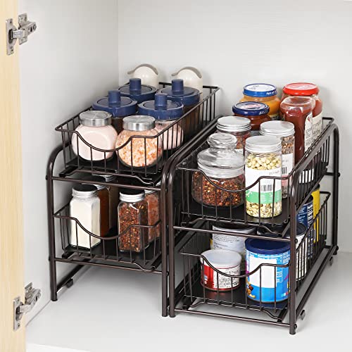 2 Pack - 2-Tier Under Sink Cabinet Organizer with Sliding Storage Drawer, Desktop Organizer Shelf Baskets, Pull Out Drawers for Kitchen, Countertop, Cabinet, Pantry, Under The Sink, Bathroom, Brown