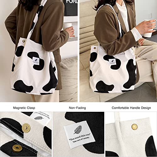 Corduroy Tote Bag for Women Girls Shoulder Bag with Inner Pocket For Work Beach Lunch Travel Shopping Grocery (Cows White, 1 Pcs)