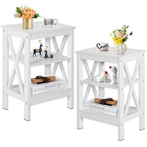 VECELO Modern Side Nightstand with 3-Layer Storage Shelf for Small Spaces, Living Room, Bedroom, Farmhouse Easy Assembly, 2 Sets End Tables, White（2 Sets）