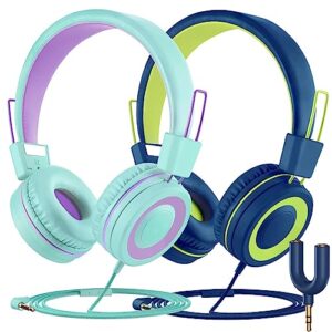 votyoung kids headphones with microphone, 2 pack kids headphones for kids teens with sharing splitter, wired kids headset with 91db volume limit, stereo on-ear headset for school/tablet/travel