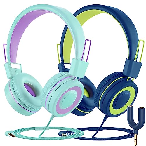 VotYoung Kids Headphones with Microphone, 2 Pack Kids Headphones for Kids Teens with Sharing Splitter, Wired Kids Headset with 91dB Volume Limit, Stereo On-Ear Headset for School/Tablet/Travel