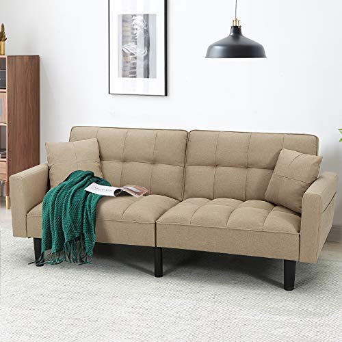 HOMHUM Convertible Sleeper Sofa Bed Modern Linen Fabric Couch Bed Futon Sofa Bed with 2 Pillows for Living Room, Apartment, Guest Room, Gentle Khaki