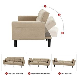 HOMHUM Convertible Sleeper Sofa Bed Modern Linen Fabric Couch Bed Futon Sofa Bed with 2 Pillows for Living Room, Apartment, Guest Room, Gentle Khaki