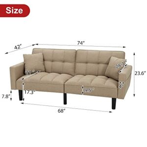 HOMHUM Convertible Sleeper Sofa Bed Modern Linen Fabric Couch Bed Futon Sofa Bed with 2 Pillows for Living Room, Apartment, Guest Room, Gentle Khaki