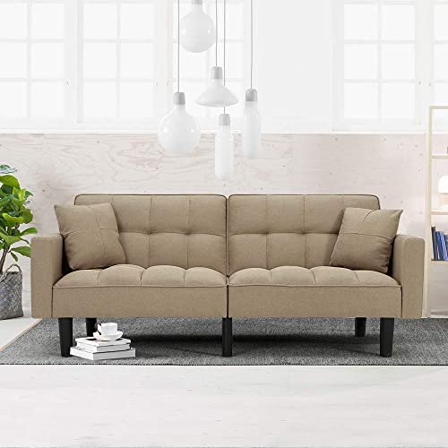 HOMHUM Convertible Sleeper Sofa Bed Modern Linen Fabric Couch Bed Futon Sofa Bed with 2 Pillows for Living Room, Apartment, Guest Room, Gentle Khaki