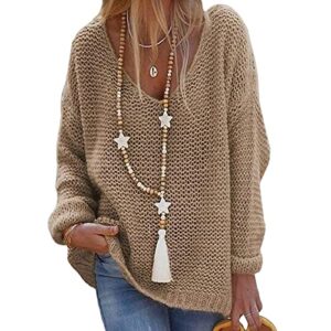 womens sweaters v neck knit pullover tops plus size cable knit jumpers long sleeve solid color (xx-large,brown)