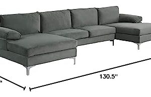 Casa Andrea Milano Modern Large Velvet Fabric U-Shape Sectional Sofa, Double Extra Wide Chaise Lounge Couch, Neutral Grey