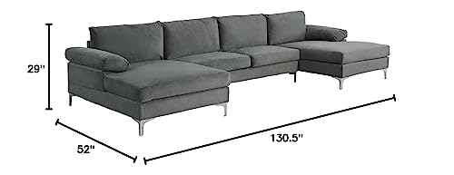 Casa Andrea Milano Modern Large Velvet Fabric U-Shape Sectional Sofa, Double Extra Wide Chaise Lounge Couch, Neutral Grey