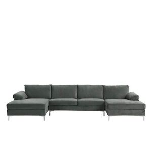 Casa Andrea Milano Modern Large Velvet Fabric U-Shape Sectional Sofa, Double Extra Wide Chaise Lounge Couch, Neutral Grey