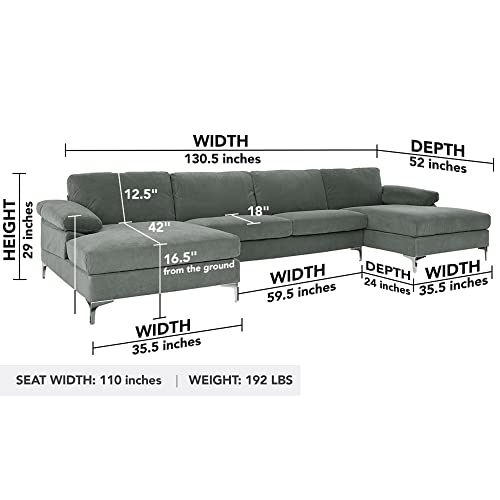 Casa Andrea Milano Modern Large Velvet Fabric U-Shape Sectional Sofa, Double Extra Wide Chaise Lounge Couch, Neutral Grey