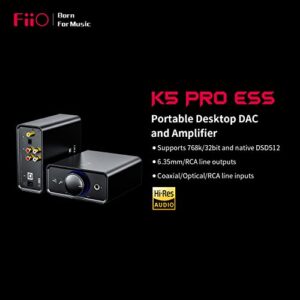 FiiO K5Pro ESS Amplifier Headphone Amps Stereo High Resolution Portable Desktop DAC 768K/32Bit and Native DSD512 for Home Audio/PC 6.35mm Headphone Out/RCA Line-Out/Coaxial/Optical Inputs (Black)