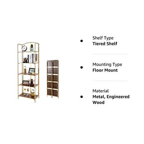 Crofy No Assembly Folding Bookshelf, 5 Tier Gold Bookshelf, Metal Book Shelf for Storage, Folding Bookcase for Office Organization and Storage, 12.87 D x 22.91 W x 68.1 H Inches