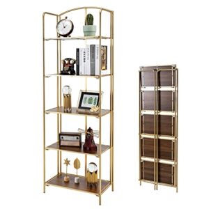 crofy no assembly folding bookshelf, 5 tier gold bookshelf, metal book shelf for storage, folding bookcase for office organization and storage, 12.87 d x 22.91 w x 68.1 h inches