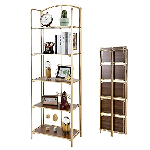 Crofy No Assembly Folding Bookshelf, 5 Tier Gold Bookshelf, Metal Book Shelf for Storage, Folding Bookcase for Office Organization and Storage, 12.87 D x 22.91 W x 68.1 H Inches