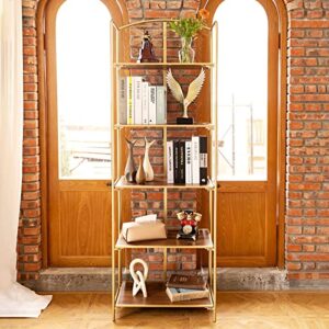 Crofy No Assembly Folding Bookshelf, 5 Tier Gold Bookshelf, Metal Book Shelf for Storage, Folding Bookcase for Office Organization and Storage, 12.87 D x 22.91 W x 68.1 H Inches