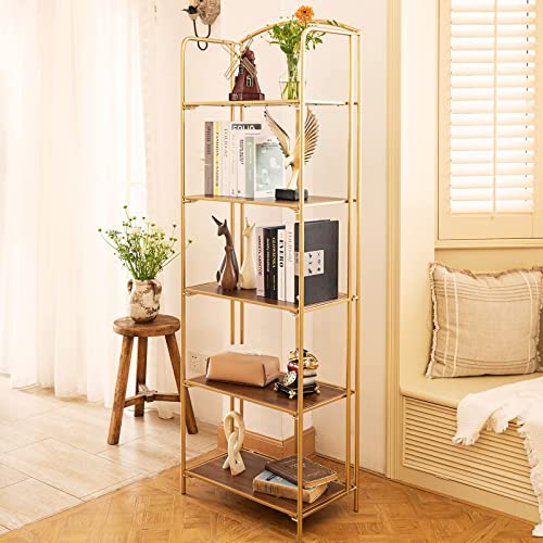 Crofy No Assembly Folding Bookshelf, 5 Tier Gold Bookshelf, Metal Book Shelf for Storage, Folding Bookcase for Office Organization and Storage, 12.87 D x 22.91 W x 68.1 H Inches