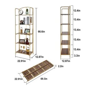 Crofy No Assembly Folding Bookshelf, 5 Tier Gold Bookshelf, Metal Book Shelf for Storage, Folding Bookcase for Office Organization and Storage, 12.87 D x 22.91 W x 68.1 H Inches