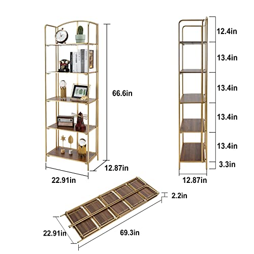 Crofy No Assembly Folding Bookshelf, 5 Tier Gold Bookshelf, Metal Book Shelf for Storage, Folding Bookcase for Office Organization and Storage, 12.87 D x 22.91 W x 68.1 H Inches