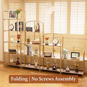 Crofy No Assembly Folding Bookshelf, 5 Tier Gold Bookshelf, Metal Book Shelf for Storage, Folding Bookcase for Office Organization and Storage, 12.87 D x 22.91 W x 68.1 H Inches