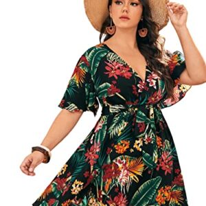 Floerns Women's Plus Size Tropical Print V Neck Short Sleeve Belted Short Dress Black Multi 2XL