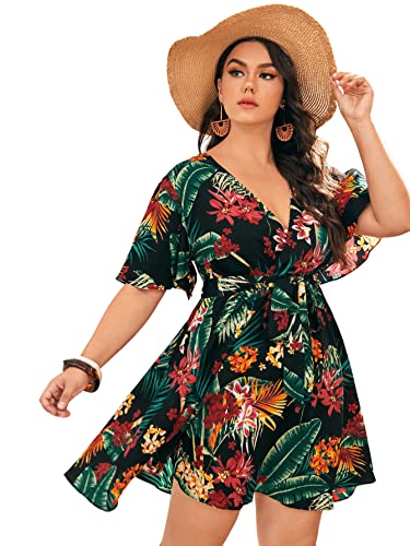 Floerns Women's Plus Size Tropical Print V Neck Short Sleeve Belted Short Dress Black Multi 2XL