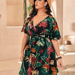 Floerns Women's Plus Size Tropical Print V Neck Short Sleeve Belted Short Dress Black Multi 2XL