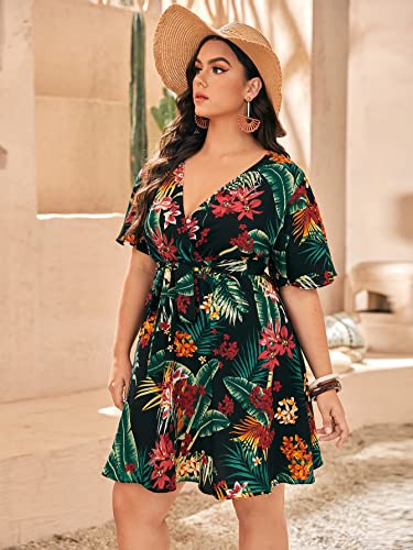 Floerns Women's Plus Size Tropical Print V Neck Short Sleeve Belted Short Dress Black Multi 2XL