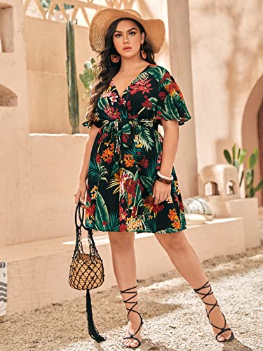 Floerns Women's Plus Size Tropical Print V Neck Short Sleeve Belted Short Dress Black Multi 2XL