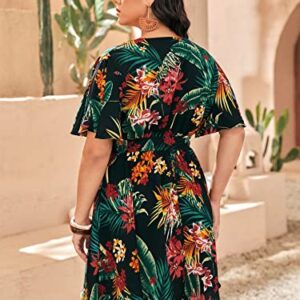 Floerns Women's Plus Size Tropical Print V Neck Short Sleeve Belted Short Dress Black Multi 2XL