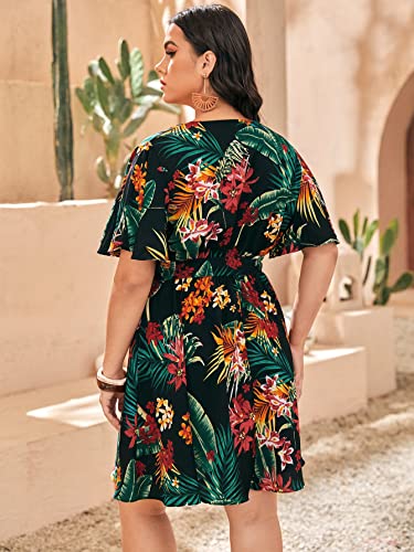 Floerns Women's Plus Size Tropical Print V Neck Short Sleeve Belted Short Dress Black Multi 2XL