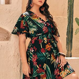 Floerns Women's Plus Size Tropical Print V Neck Short Sleeve Belted Short Dress Black Multi 2XL