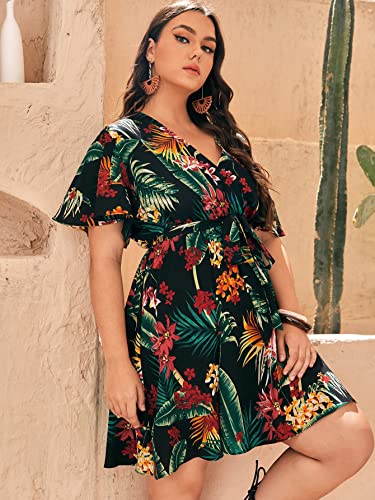 Floerns Women's Plus Size Tropical Print V Neck Short Sleeve Belted Short Dress Black Multi 2XL