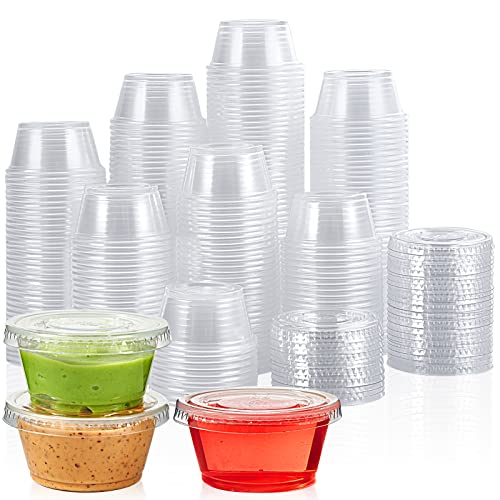 [200 Sets - 2 oz] Disposable Plastic Portion Cups with Lids, Small Plastic Condiment Containers for Sauce, 2 oz Jello Shot Cups, Souffle Cups