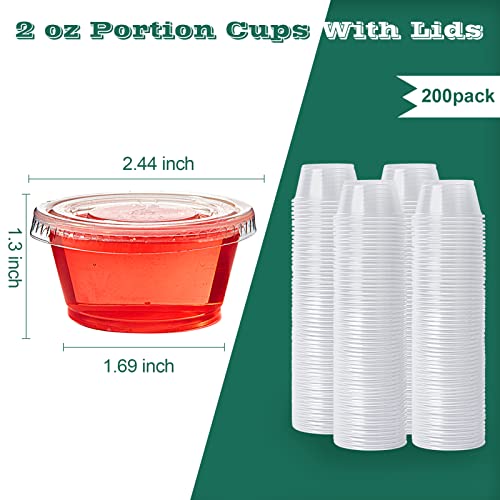 [200 Sets - 2 oz] Disposable Plastic Portion Cups with Lids, Small Plastic Condiment Containers for Sauce, 2 oz Jello Shot Cups, Souffle Cups