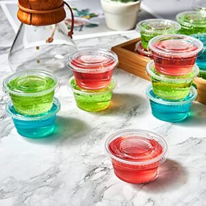 [200 Sets - 2 oz] Disposable Plastic Portion Cups with Lids, Small Plastic Condiment Containers for Sauce, 2 oz Jello Shot Cups, Souffle Cups