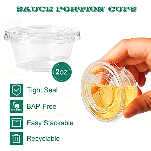 [200 Sets - 2 oz] Disposable Plastic Portion Cups with Lids, Small Plastic Condiment Containers for Sauce, 2 oz Jello Shot Cups, Souffle Cups