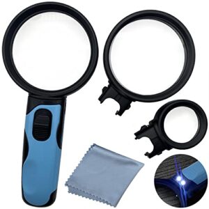 magnipros magnifying glass with bright led lights- 2.5x, 5x, 16x handheld magnifying glass with 3 interchangeable lenses-ideal for seniors, maps, macular degeneration, jewelry, watch…