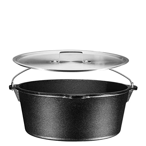 Bruntmor 2-in-1, 9 Quart Pre-seasoned Cast Iron Dutch Oven Kitchen Utensils Set With Handle And Deep Fry Basket With Stainless Steel Lid Skillets | All-in-One Camping Cookware Pots And Pans Set.