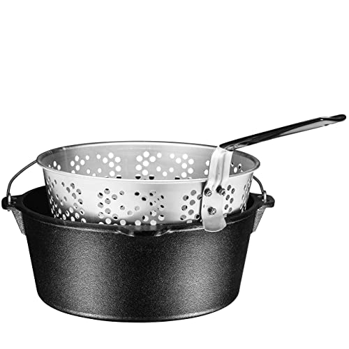 Bruntmor 2-in-1, 9 Quart Pre-seasoned Cast Iron Dutch Oven Kitchen Utensils Set With Handle And Deep Fry Basket With Stainless Steel Lid Skillets | All-in-One Camping Cookware Pots And Pans Set.