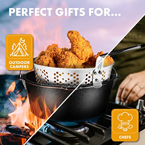 Bruntmor 2-in-1, 9 Quart Pre-seasoned Cast Iron Dutch Oven Kitchen Utensils Set With Handle And Deep Fry Basket With Stainless Steel Lid Skillets | All-in-One Camping Cookware Pots And Pans Set.