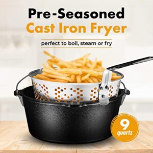 Bruntmor 2-in-1, 9 Quart Pre-seasoned Cast Iron Dutch Oven Kitchen Utensils Set With Handle And Deep Fry Basket With Stainless Steel Lid Skillets | All-in-One Camping Cookware Pots And Pans Set.